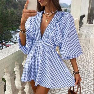 KARISMINA Woven Plaid V-Neck Blouson Sleeve Women's Jumpsuit,Vacation Outfits